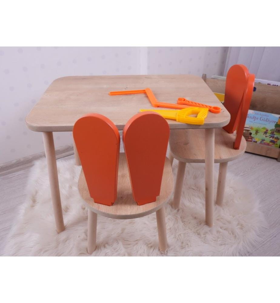 Ensemble de table pour enfants, orange, marron, 100 % MDF, pieds en bois de hêtre