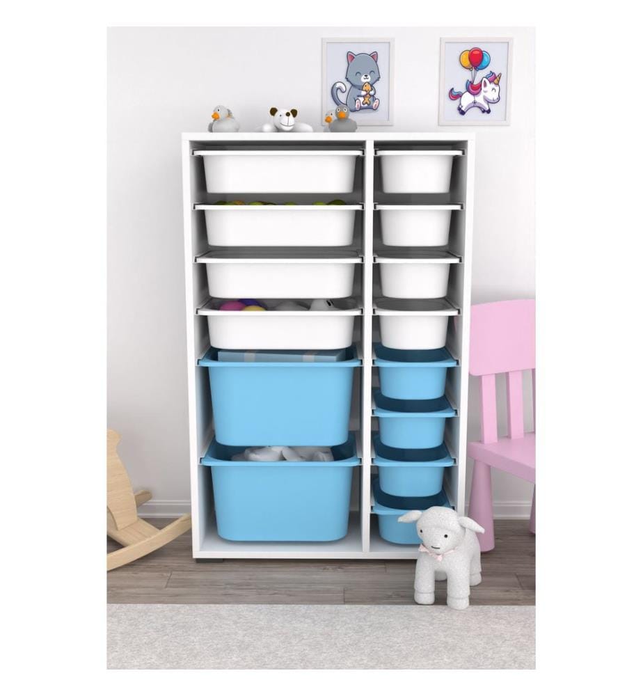 Armoire multifonction, blanche, bleue, PANNEAU DE PARTICULES 100 % MÉLAMINÉ, pieds en plastique