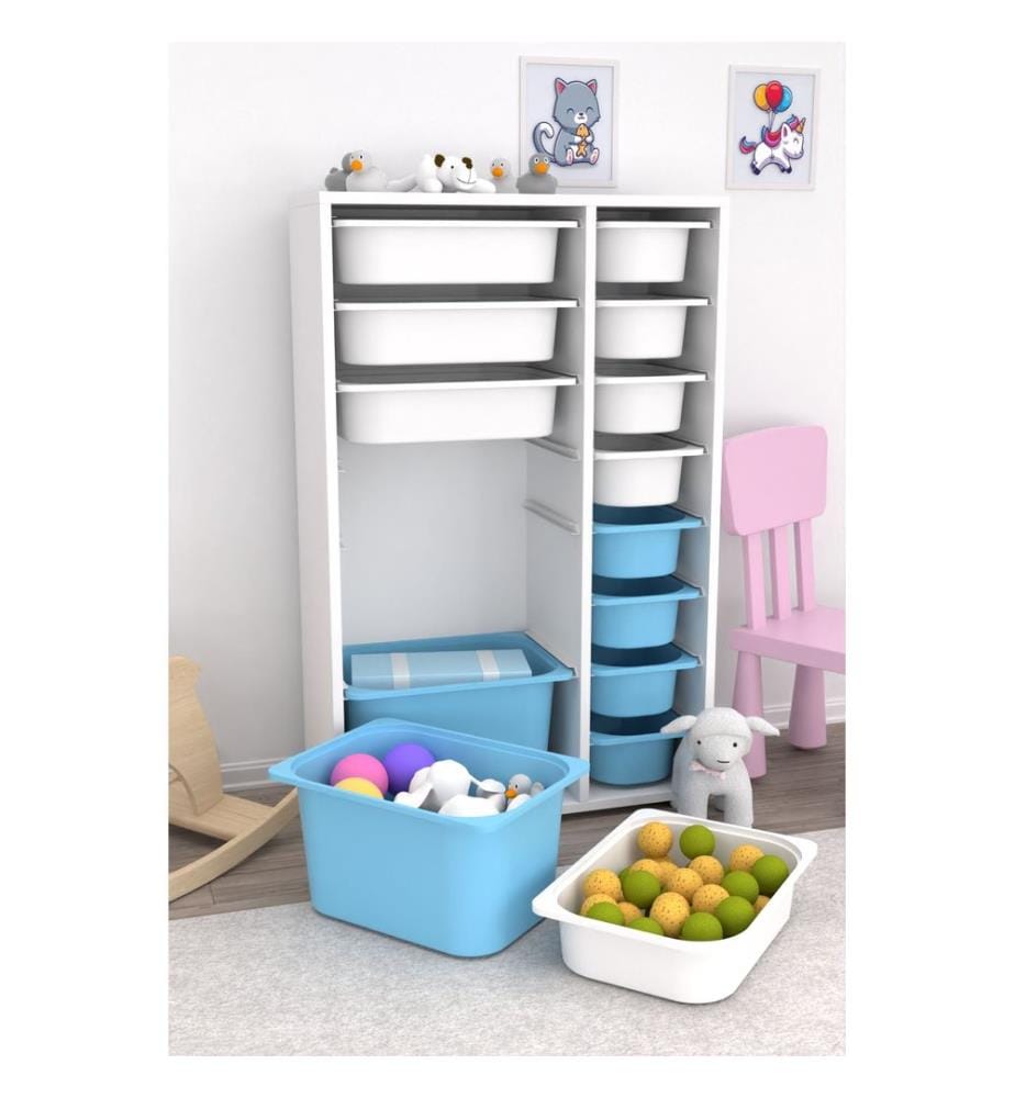 Armoire multifonction, blanche, bleue, PANNEAU DE PARTICULES 100 % MÉLAMINÉ, pieds en plastique