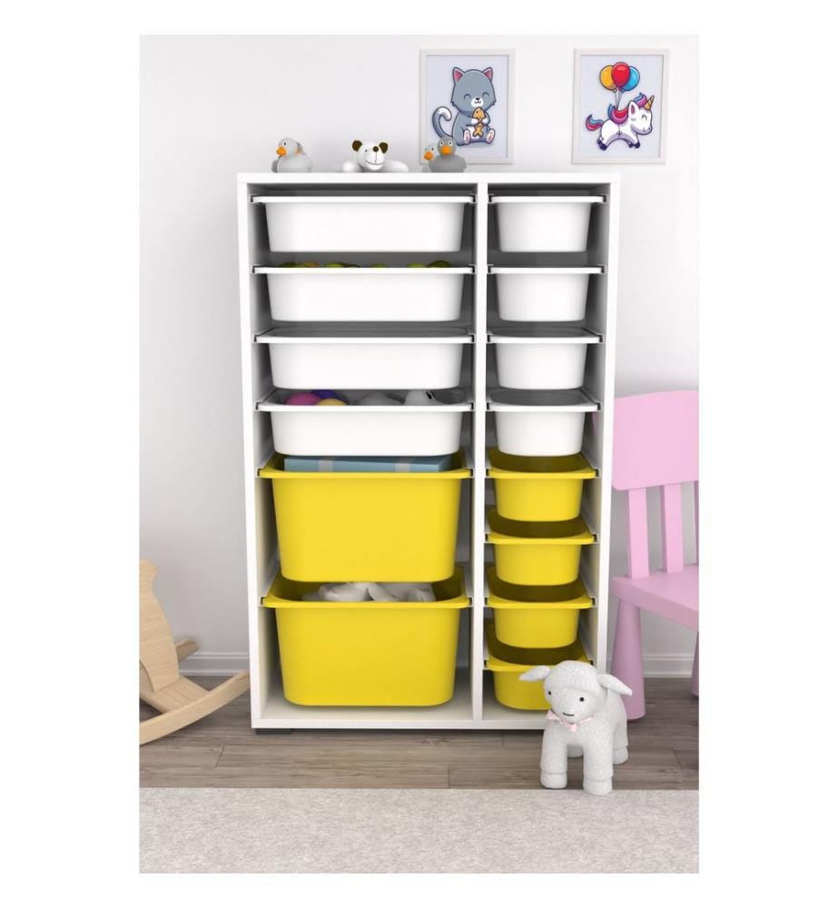 Armoire multifonction, blanche, jaune, PANNEAU DE PARTICULES 100 % MÉLAMINÉ, pieds en plastique