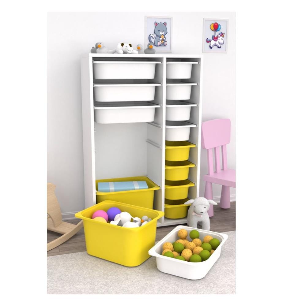 Armoire multifonction, blanche, jaune, PANNEAU DE PARTICULES 100 % MÉLAMINÉ, pieds en plastique