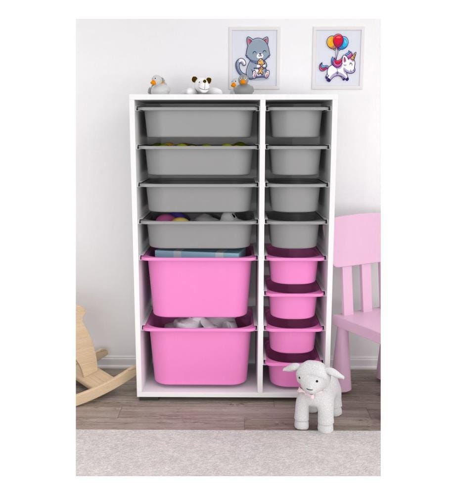 Armoire multifonction, blanc, gris, rose, PANNEAUX DE PARTICULES 100 % MÉLAMINÉS, pieds en plastique