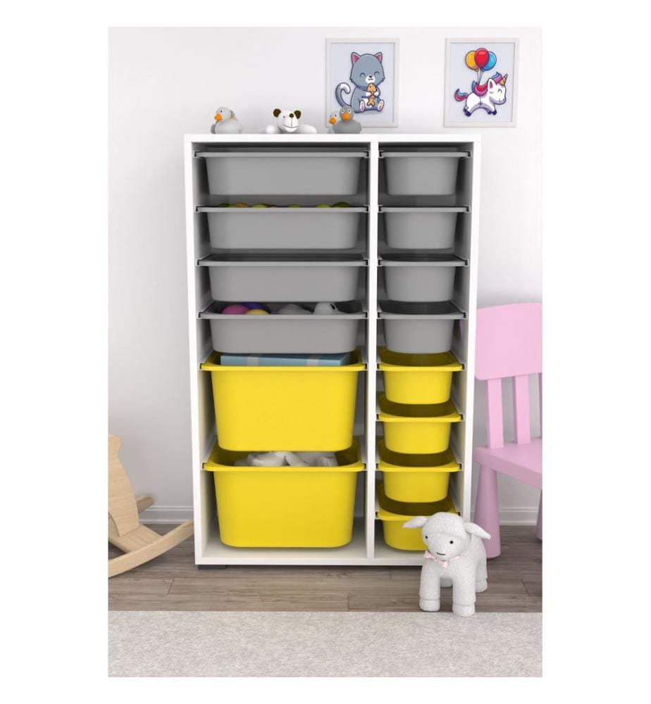 Armoire multifonction, blanc, gris, jaune, panneau de particules 100 % mélaminé, pieds en plastique