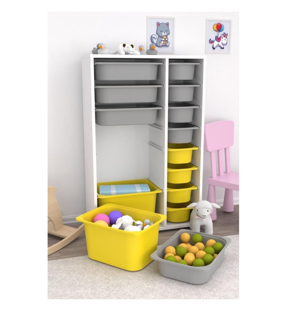 Armoire multifonction, blanc, gris, jaune, panneau de particules 100 % mélaminé, pieds en plastique