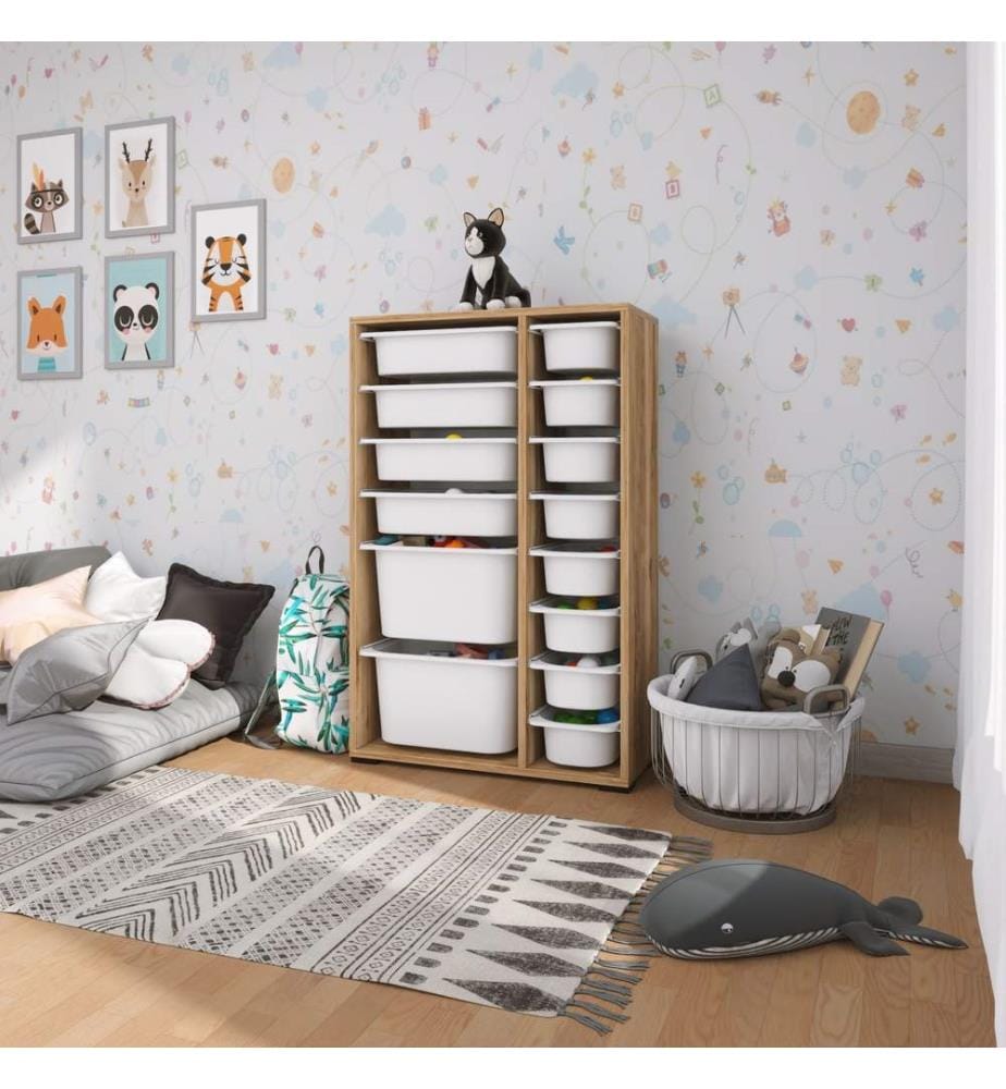 Armoire multifonction, noyer, blanc, PANNEAUX DE PARTICULES 100 % MÉLAMINÉS, pieds en plastique