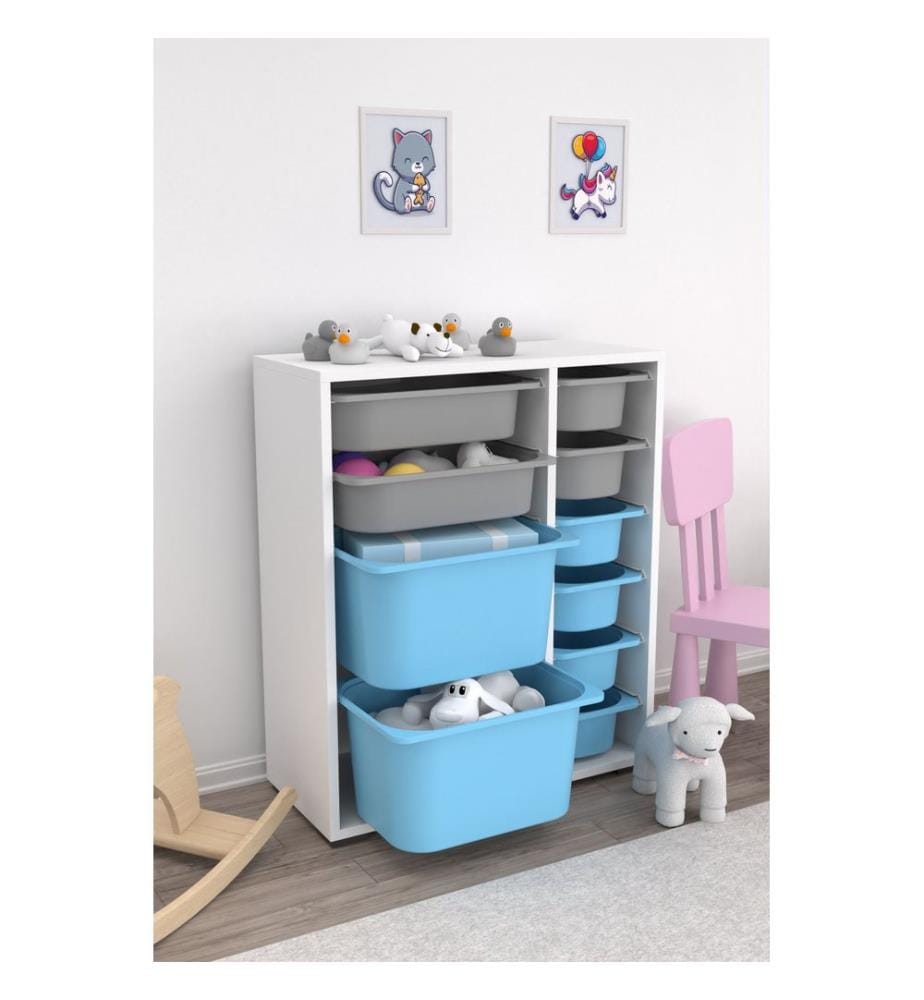 Armoire multifonction, blanc, gris, bleu, PANNEAUX DE PARTICULES 100 % MÉLAMINÉS, pieds en plastique