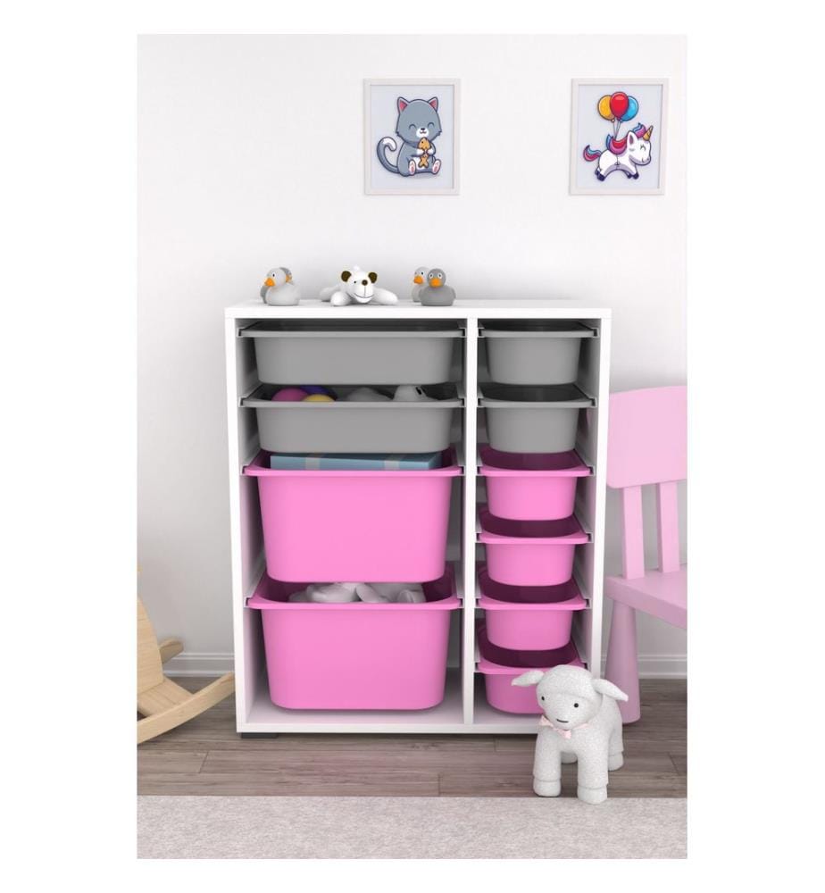 Armoire multifonction, blanc, gris, rose, PANNEAUX DE PARTICULES 100 % MÉLAMINÉS, pieds en plastique