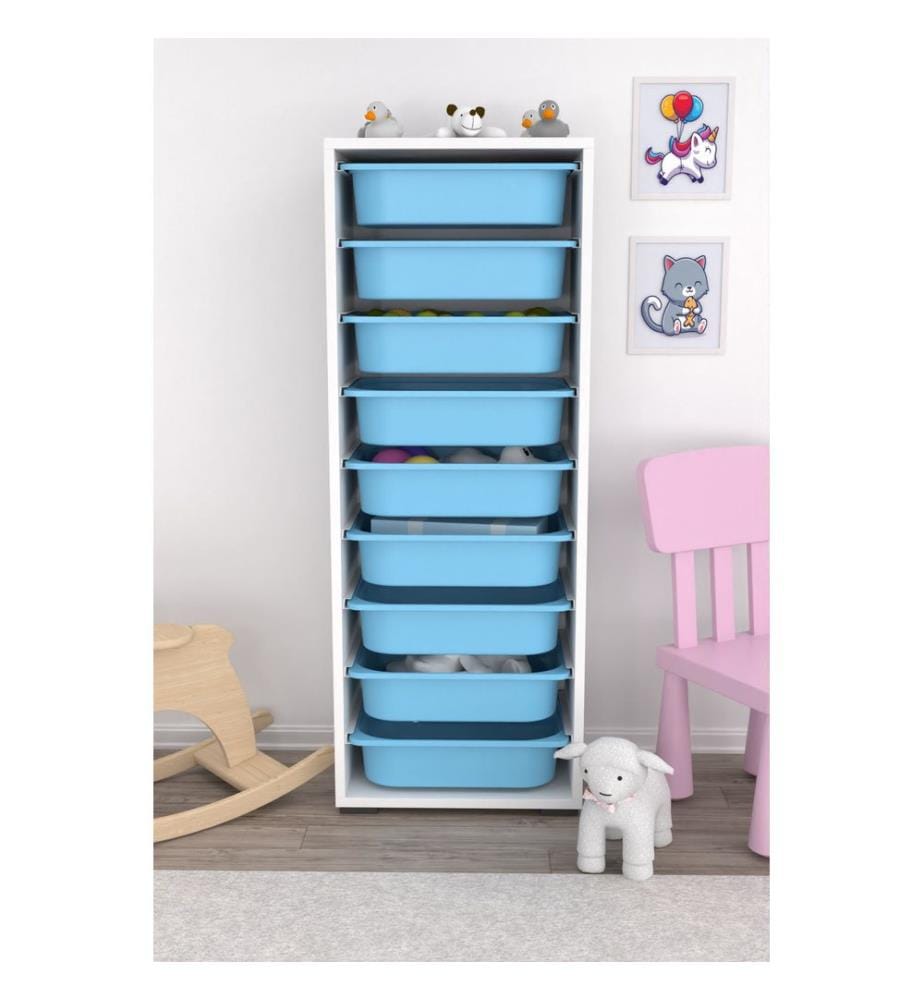 Armoire multifonction, blanche, bleue, PANNEAU DE PARTICULES 100 % MÉLAMINÉ, pieds en plastique