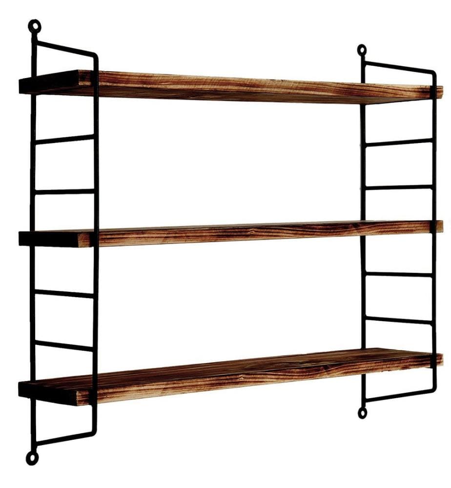 Dekoratives Wandregal aus Holz, Schwarz, Walnuss, Massivholz, Rahmen: Metall