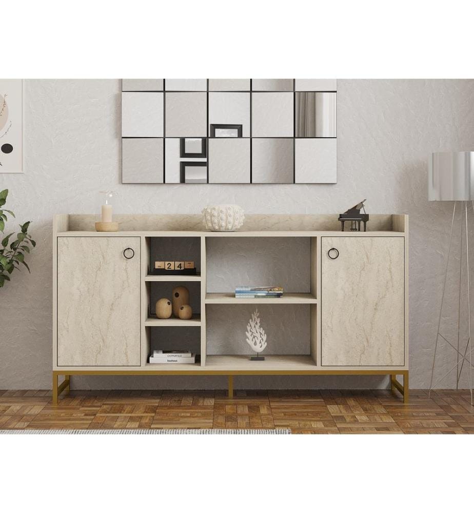 Console, travertin, 100 % PANNEAUX DE PARTICULES ENDUITS DE MÉLAMINE, pieds en métal