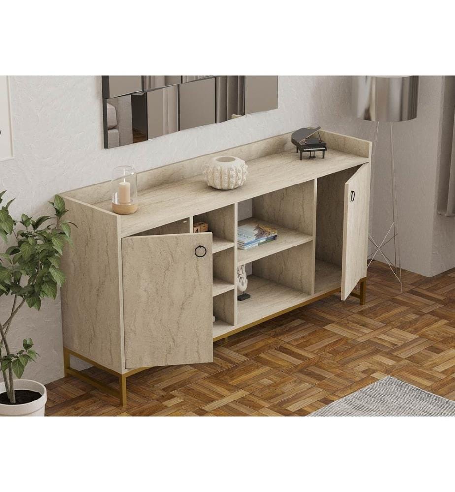 Console, travertin, 100 % PANNEAUX DE PARTICULES ENDUITS DE MÉLAMINE, pieds en métal