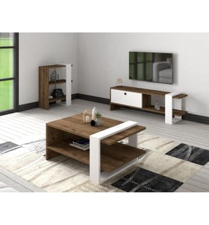 Set di mobili per il soggiorno, Noce, Bianco, Pannello di particelle rivestito di melammina