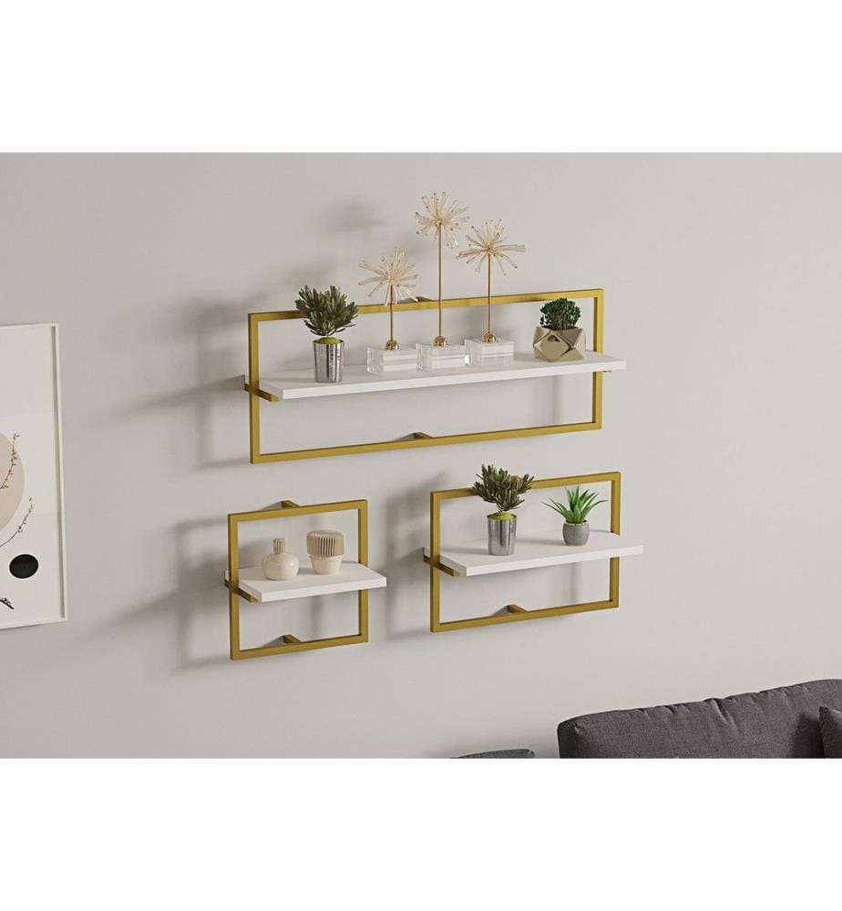 Wandregal, Weiss, Gold, Spanplatte mit Melaminharzbeschichtung