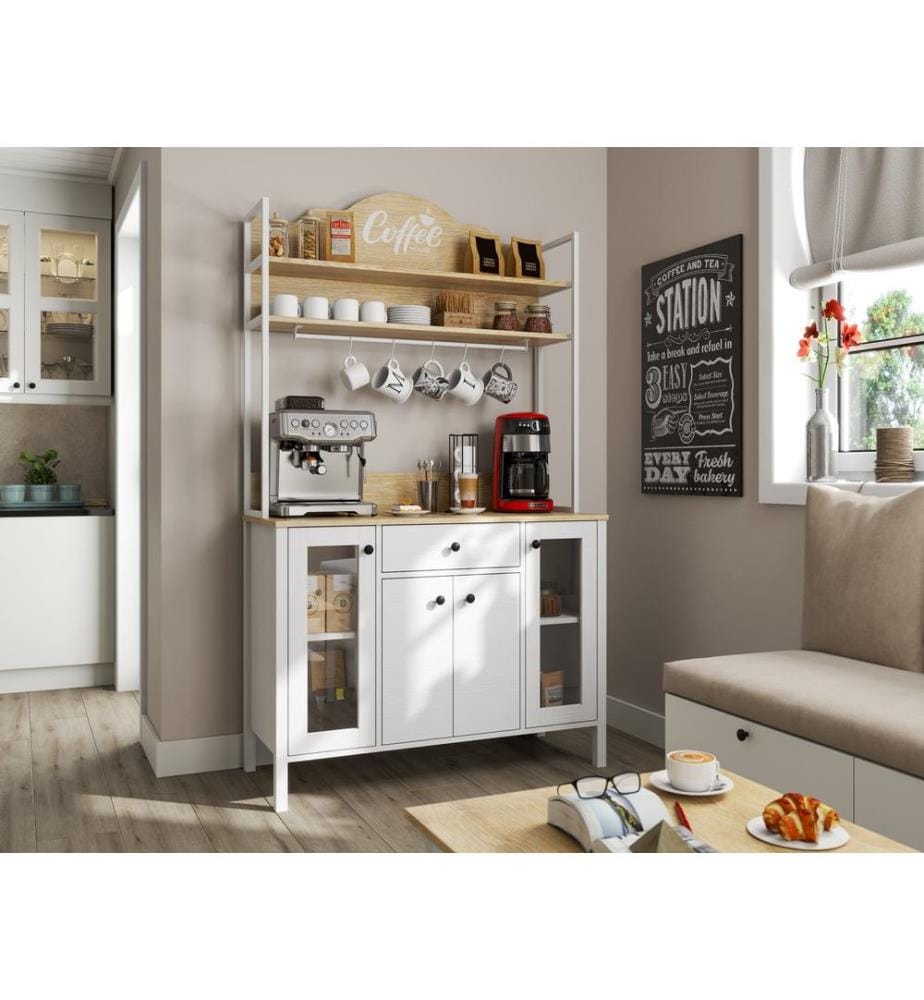 Meuble bar à café, bois, blanc, 100% panneau de particules recouvert de mélamine
