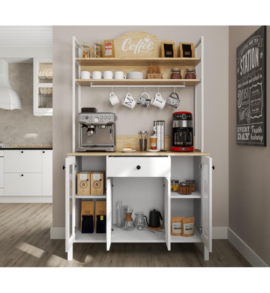 Meuble bar à café, bois, blanc, 100% panneau de particules recouvert de mélamine