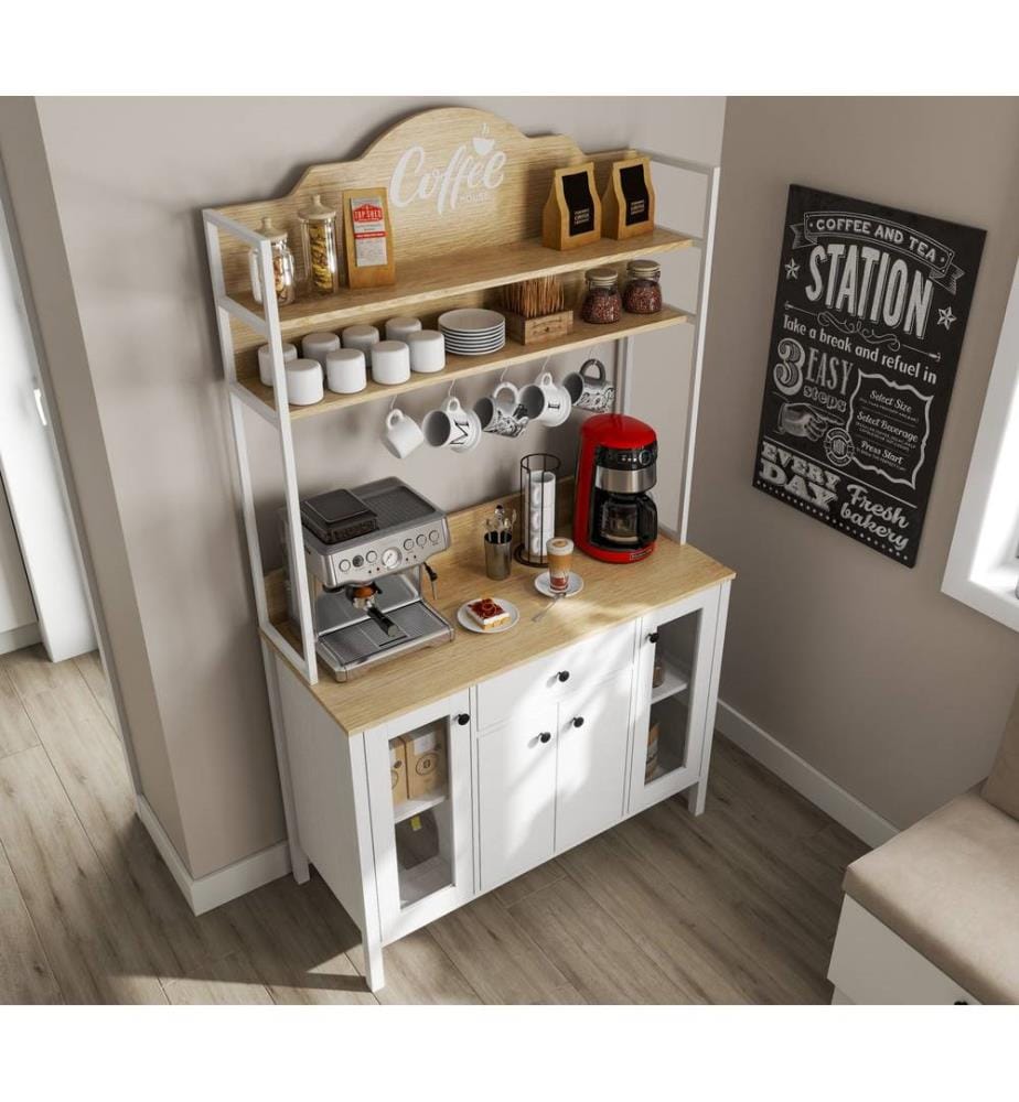 Meuble bar à café, bois, blanc, 100% panneau de particules recouvert de mélamine