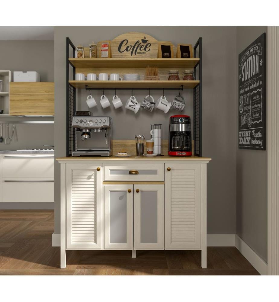 Kaffeebarschrank, Creme, Eiche, Schwarz, 100 % melaminbeschichtete Spanplatte