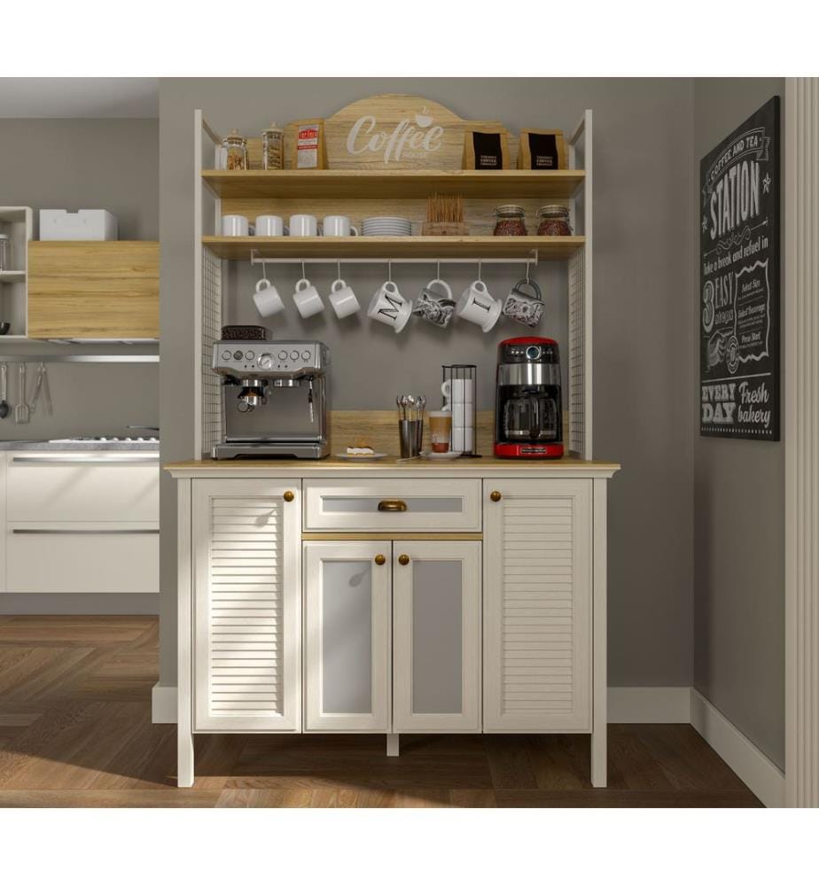 Kaffeebarschrank, Creme, Eiche, Weiss, 100 % melaminbeschichtete Spanplatte