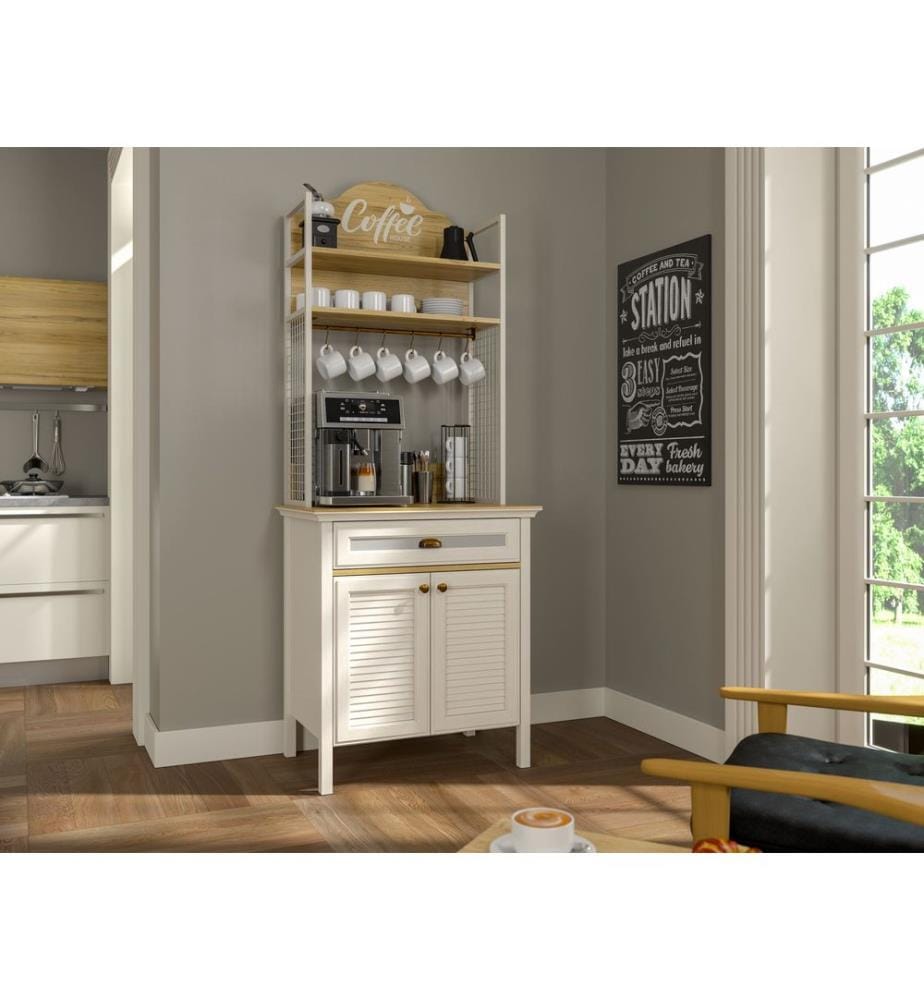 Meuble bar à café, Crème, Chêne, Blanc, 100% PARTICULES ENDUIT DE MÉLAMINE