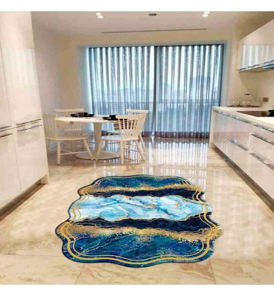 Tappeto, Bianco, Blu, Oro, 100% poliestere, 80 x 150 cm