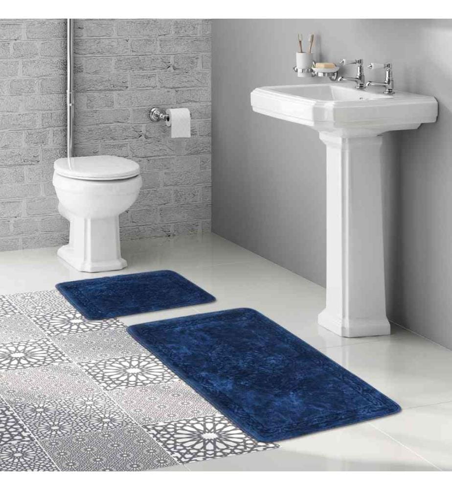 Bathmat Set, 2 Pieces, Dark Blue, 100% Cotton, Non-Slip Underside