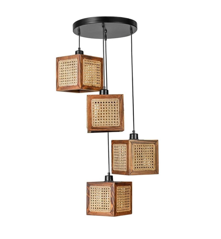 Kronleuchter, Rattan, Walnuss, Fir Holzkorpus, Kappe aus Naturrattan