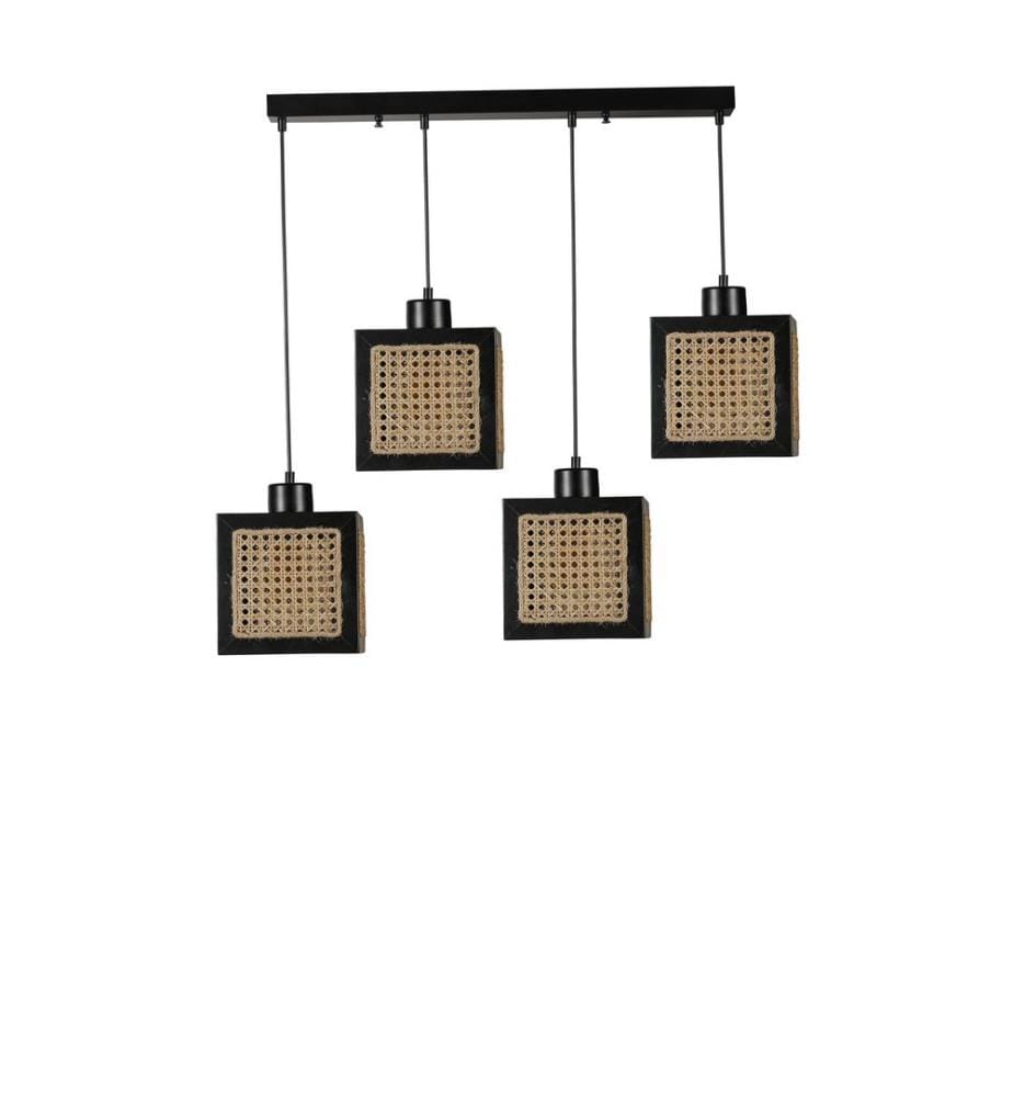 Kronleuchter, Rattan, Schwarz, Fir Holzkorpus, Kappe aus Naturrattan