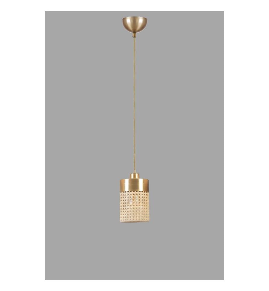 Kronleuchter, Rattan, Gold, Metallkorpus, Kappe aus natürlichem Rattan