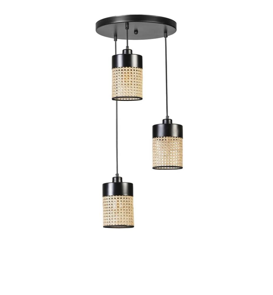 Kronleuchter, Rattan, Schwarz, Metallkorpus, Naturrattankappe