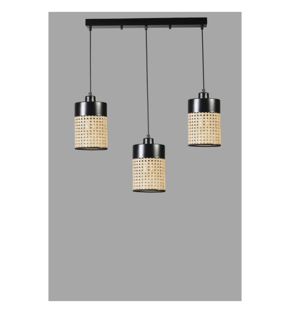 Kronleuchter, Rattan, Schwarz, Metallkorpus, Naturrattankappe