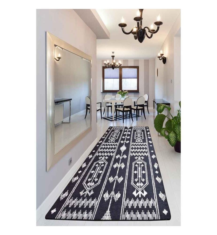 Tapis de salle, noir, blanc, 100% polyester, 150 x 300 cm