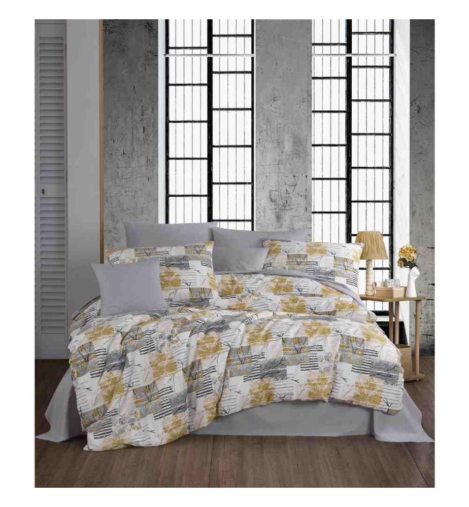 Einzelner Steppdeckenbezug, Grau, Weiss, Gelb, 50% Baumwolle - 50% Polyester