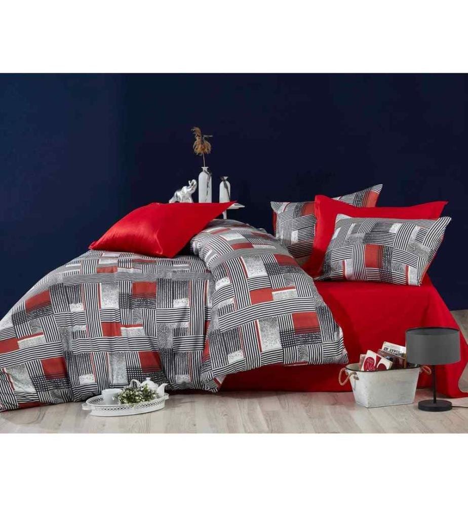 King Quilt Cover Set , Red, White, Black, Upper Side Of Duvet Cover & Pillowcase : 100% Polyester Microsatin, Dessous de la housse de couette et de la taie d'oreiller : 100% coton