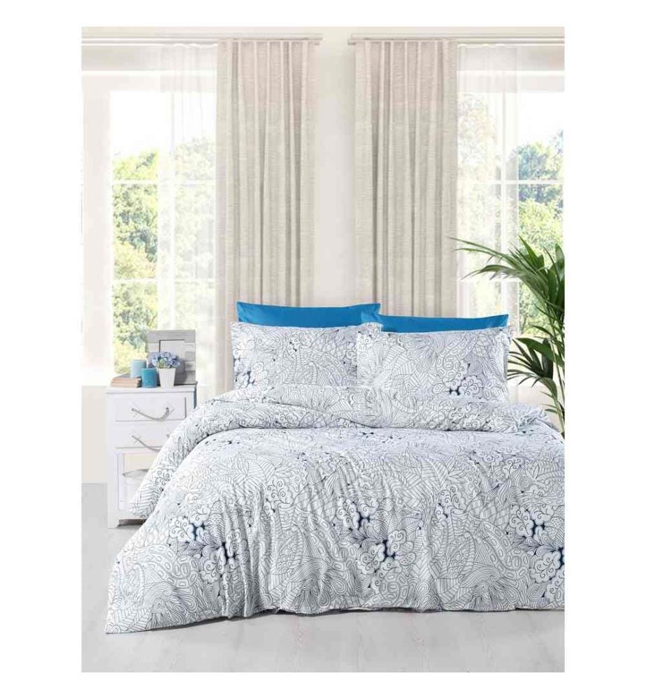 Ranforce King Quilt Cover Set, White Blue, Cotton Ranforce, 117gr-m²
