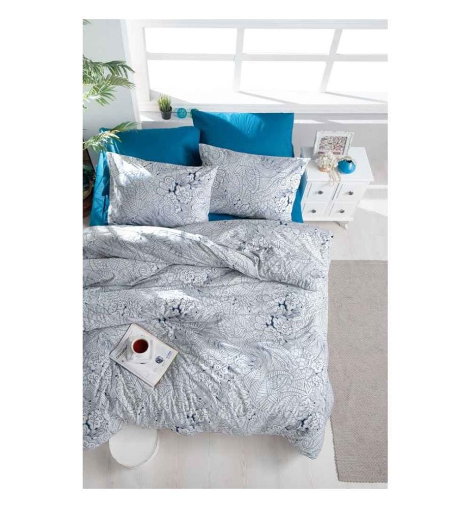 Ranforce King Quilt Cover Set, White Blue, Cotton Ranforce, 117gr-m²