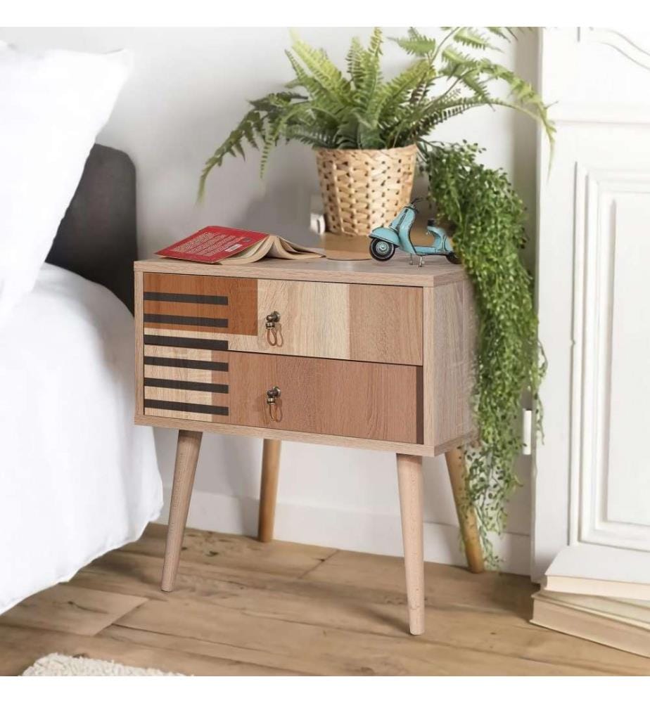 Table de nuit, Multicolore, panneau de particules mélaminé, pieds en bois