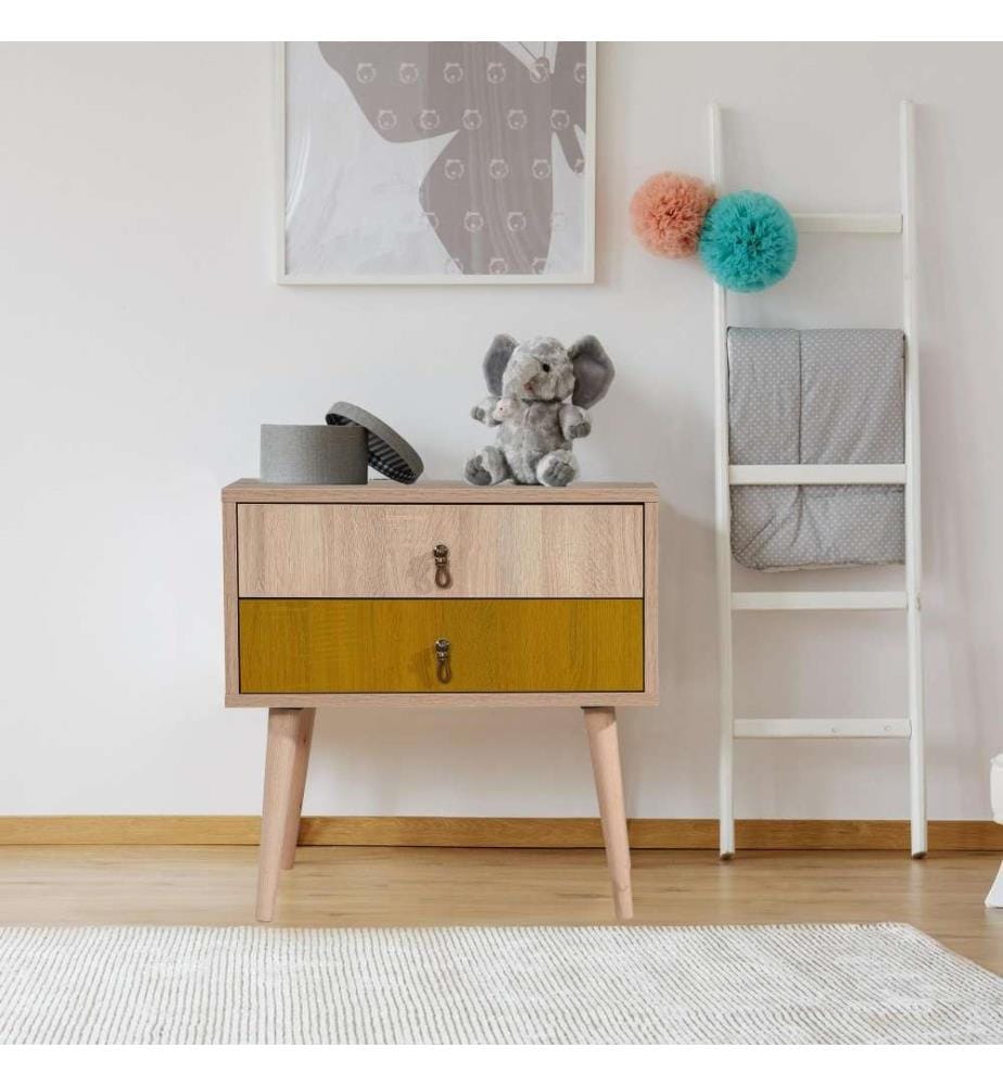 Nachttisch, Multicolor, Melaminbeschichtete Spanplatte, Holzbeine
