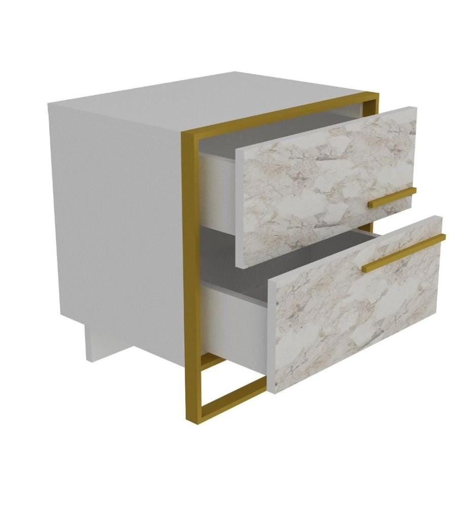 Table de nuit, blanc doré, panneau de particules mélaminé, partie métallique dorée
