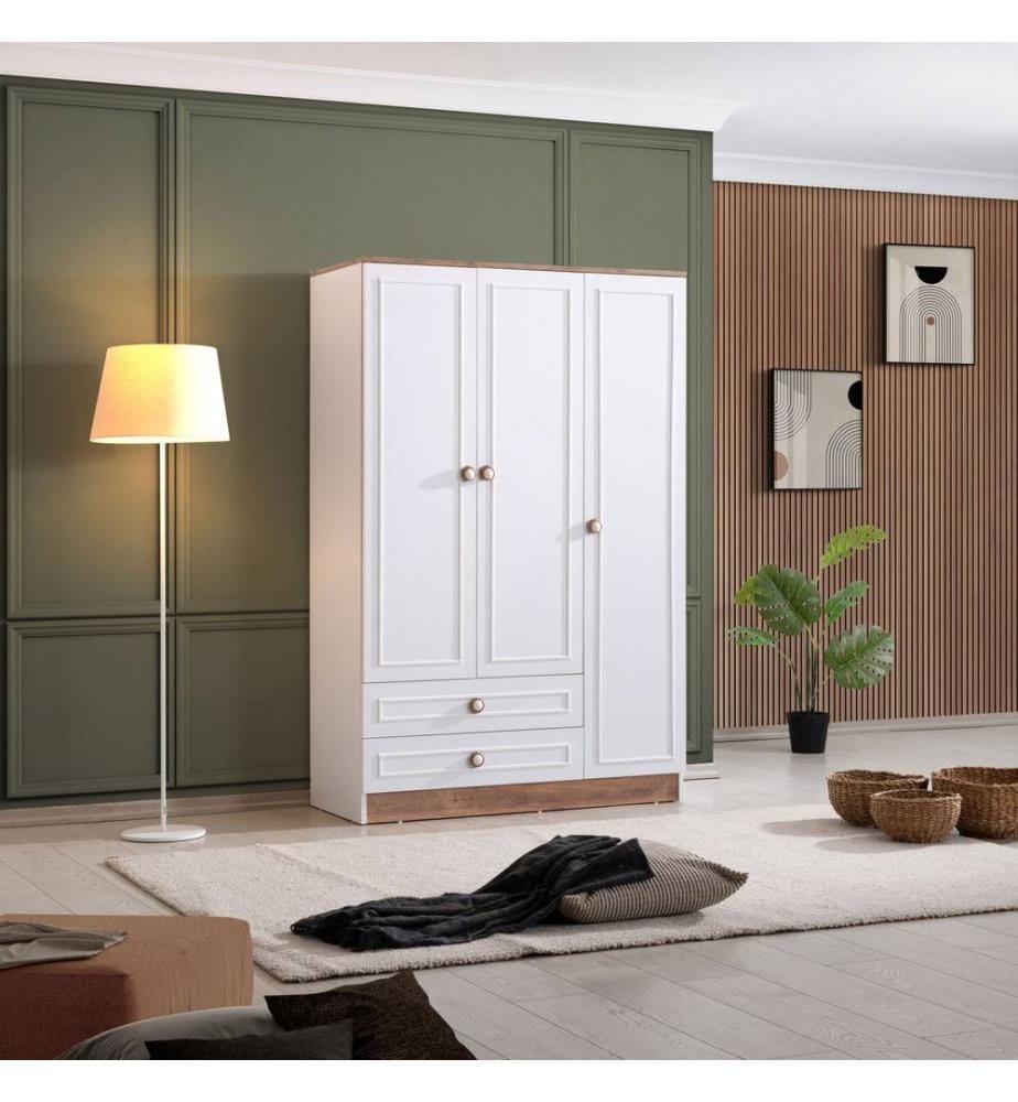 Kleiderschrank, 100 % melaminbeschichtete Spanplatte, Braun, Weiss