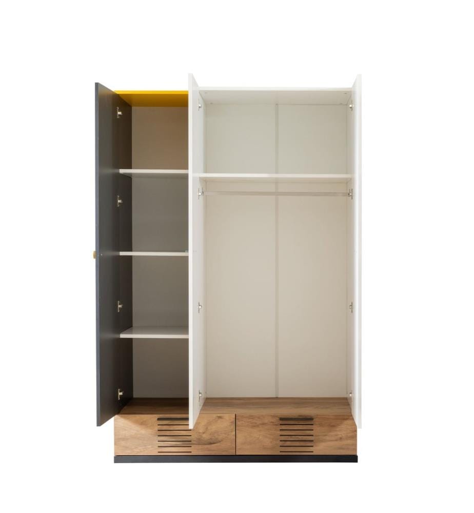 Kleiderschrank, 100 % melaminbeschichtete Spanplatte, Weiss, Anthrazit, Gelb, Braun