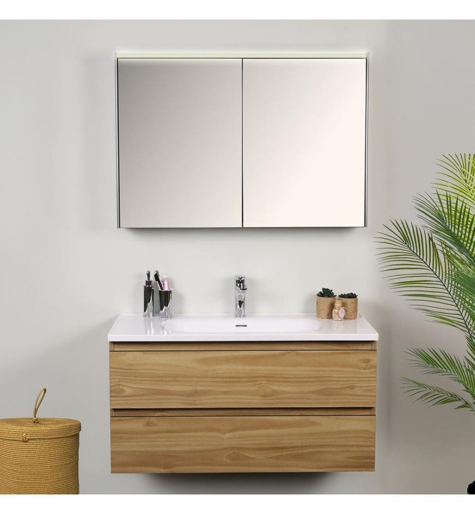 Badezimmerschrank mit Waschbecken und Spiegel, 2-teilig, 100 % melaminbeschichtete Spanplatte, Eiche, Weiss