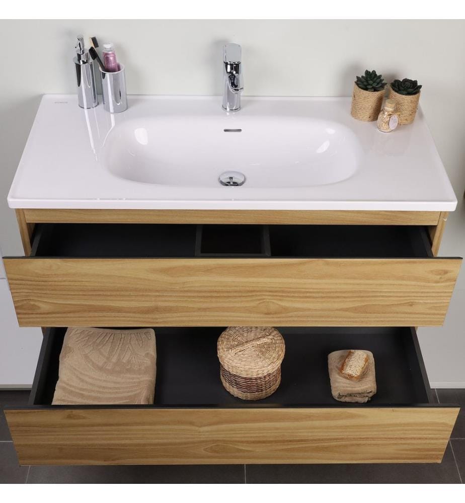 Badezimmerschrank mit Waschbecken und Spiegel, 2-teilig, 100 % melaminbeschichtete Spanplatte, Eiche, Weiss