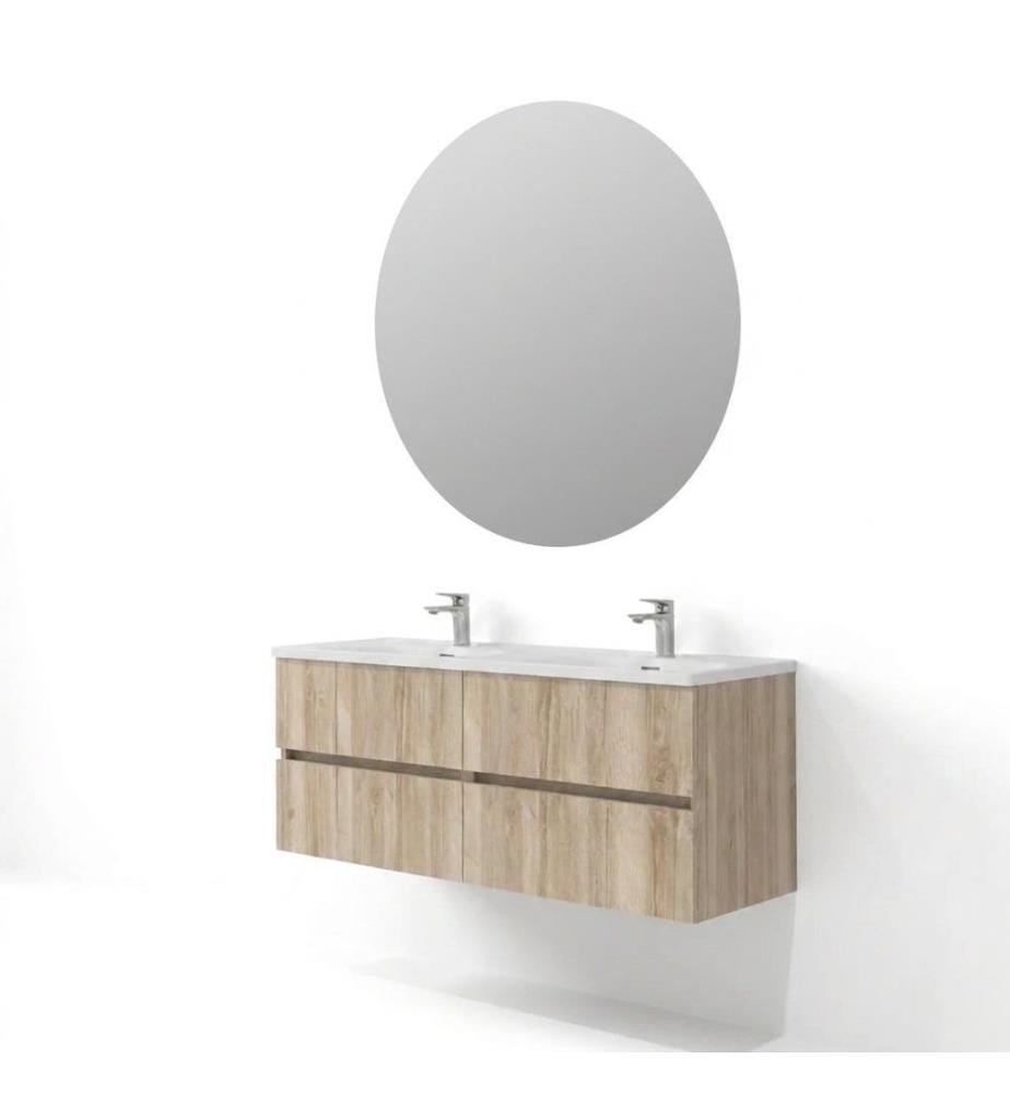 Ensemble meuble de salle de bain avec lavabo et miroir, 2 pièces, panneaux de particules 100 % mélaminés, noyer clair