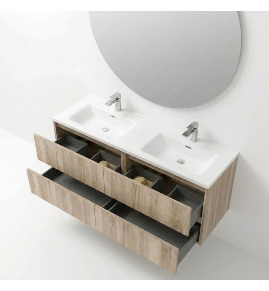 Ensemble meuble de salle de bain avec lavabo et miroir, 2 pièces, panneaux de particules 100 % mélaminés, noyer clair