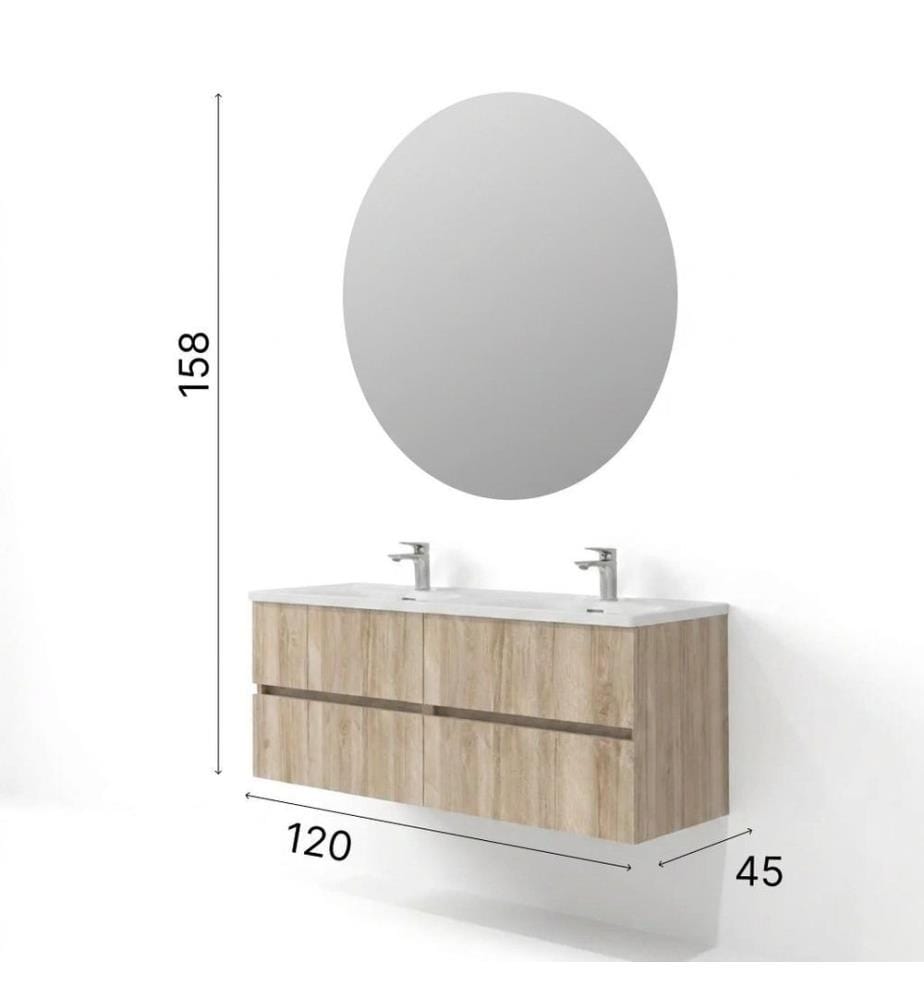 Ensemble meuble de salle de bain avec lavabo et miroir, 2 pièces, panneaux de particules 100 % mélaminés, noyer clair