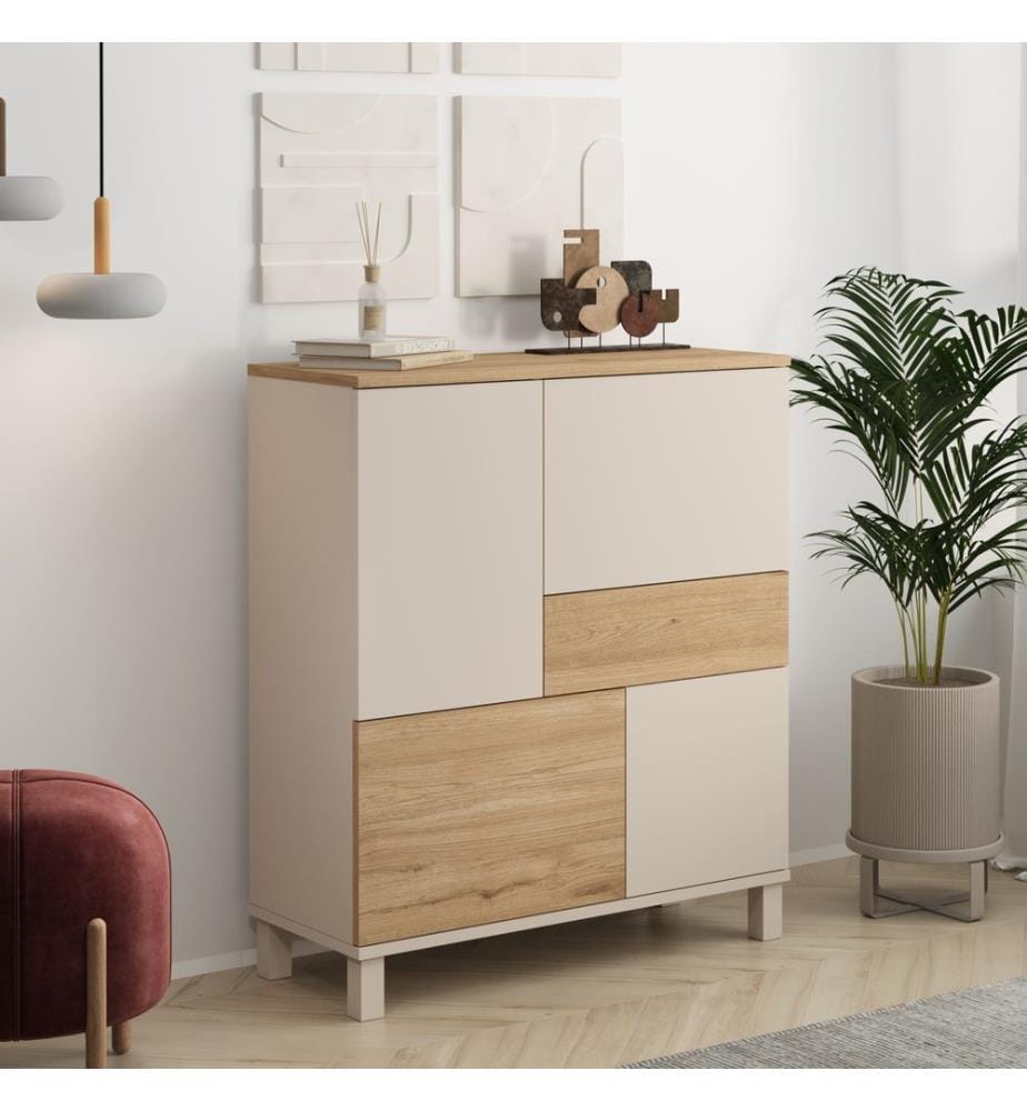 Armoire multifonctionnelle, panneau de particules 100 % mélaminé, coloris sable et chêne.