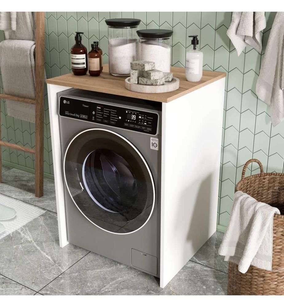 Meuble pour machine à laver, panneaux de particules 100 % mélaminés, blanc, chêne