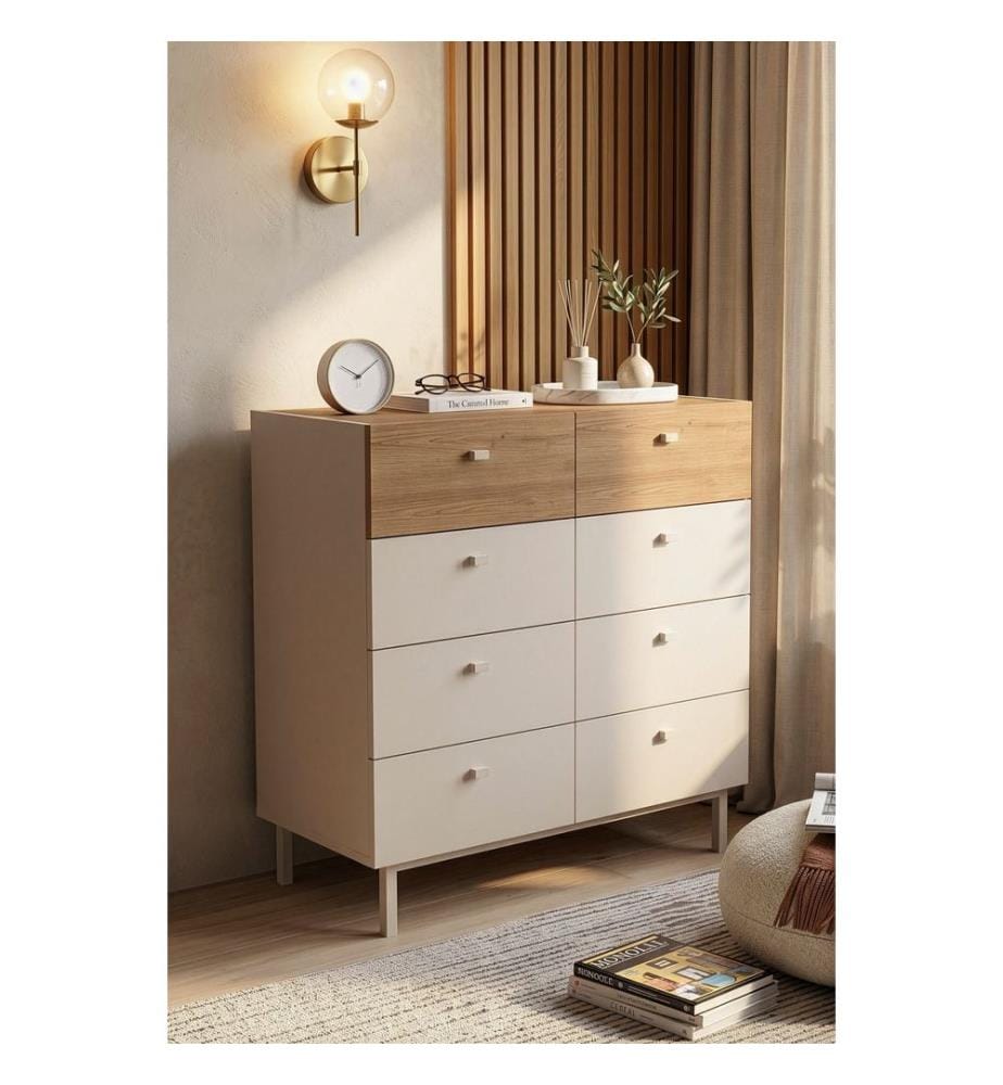 Commode, panneaux de particules 100 % mélaminés, coloris sable et chêne.