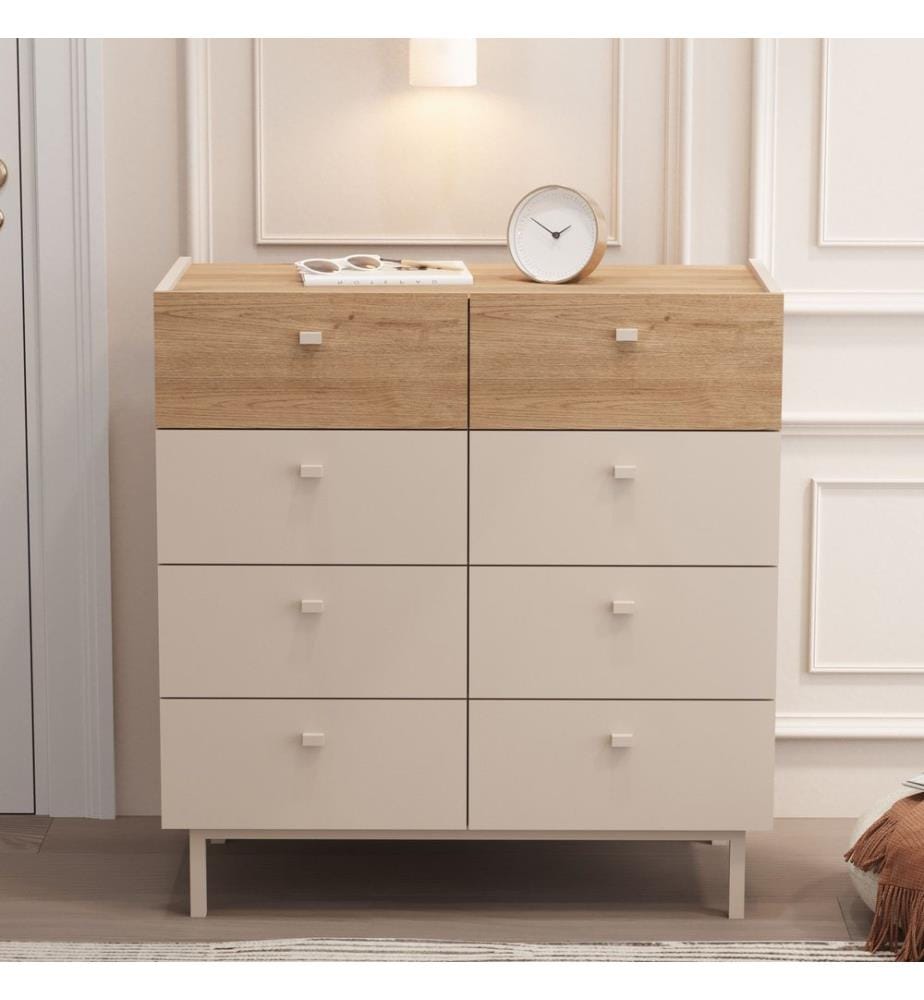 Commode, panneaux de particules 100 % mélaminés, coloris sable et chêne.