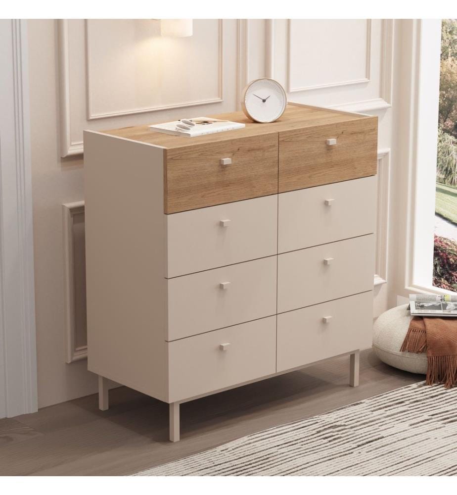 Commode, panneaux de particules 100 % mélaminés, coloris sable et chêne.